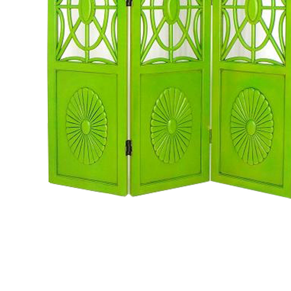 Wooden 3 Panel Room Divider with Open Geometric Design, Green