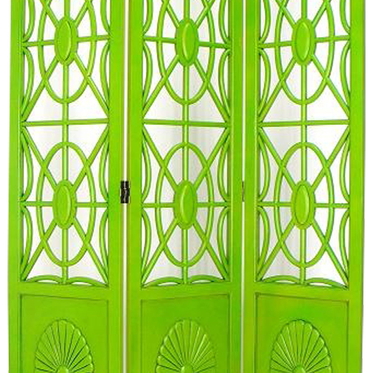 Wooden 3 Panel Room Divider with Open Geometric Design, Green