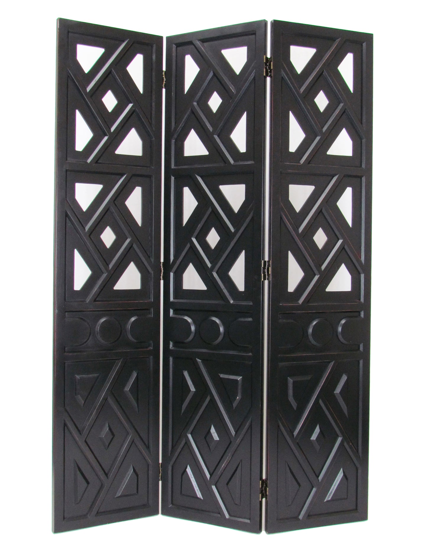 Wooden 3 Panel Room Divider with Geometric Design, Black