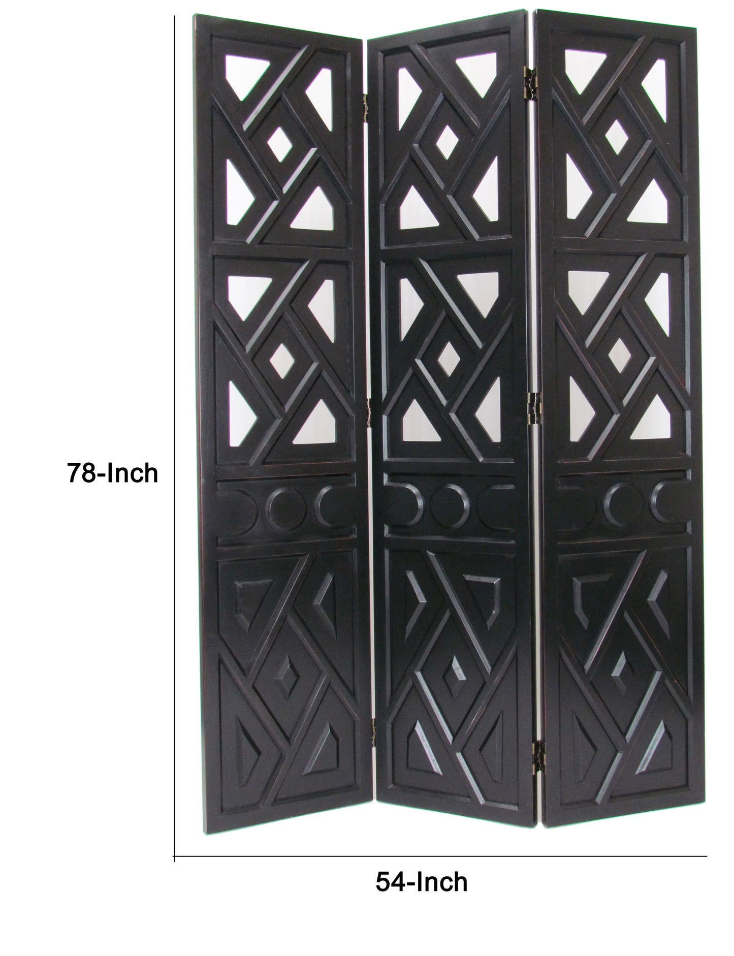 Wooden 3 Panel Room Divider with Geometric Design, Black