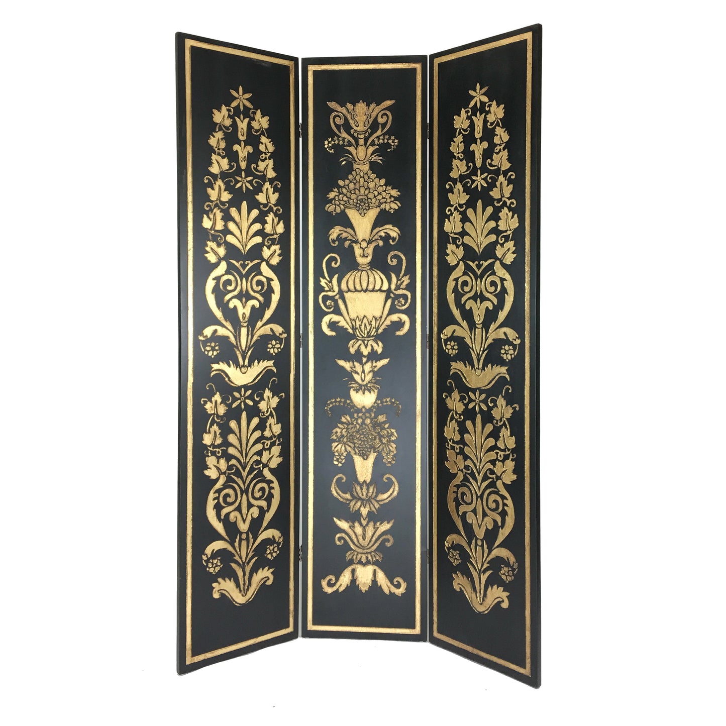 Wooden Double Sided 3 Panel Room Divider with Motifs, Multicolor
