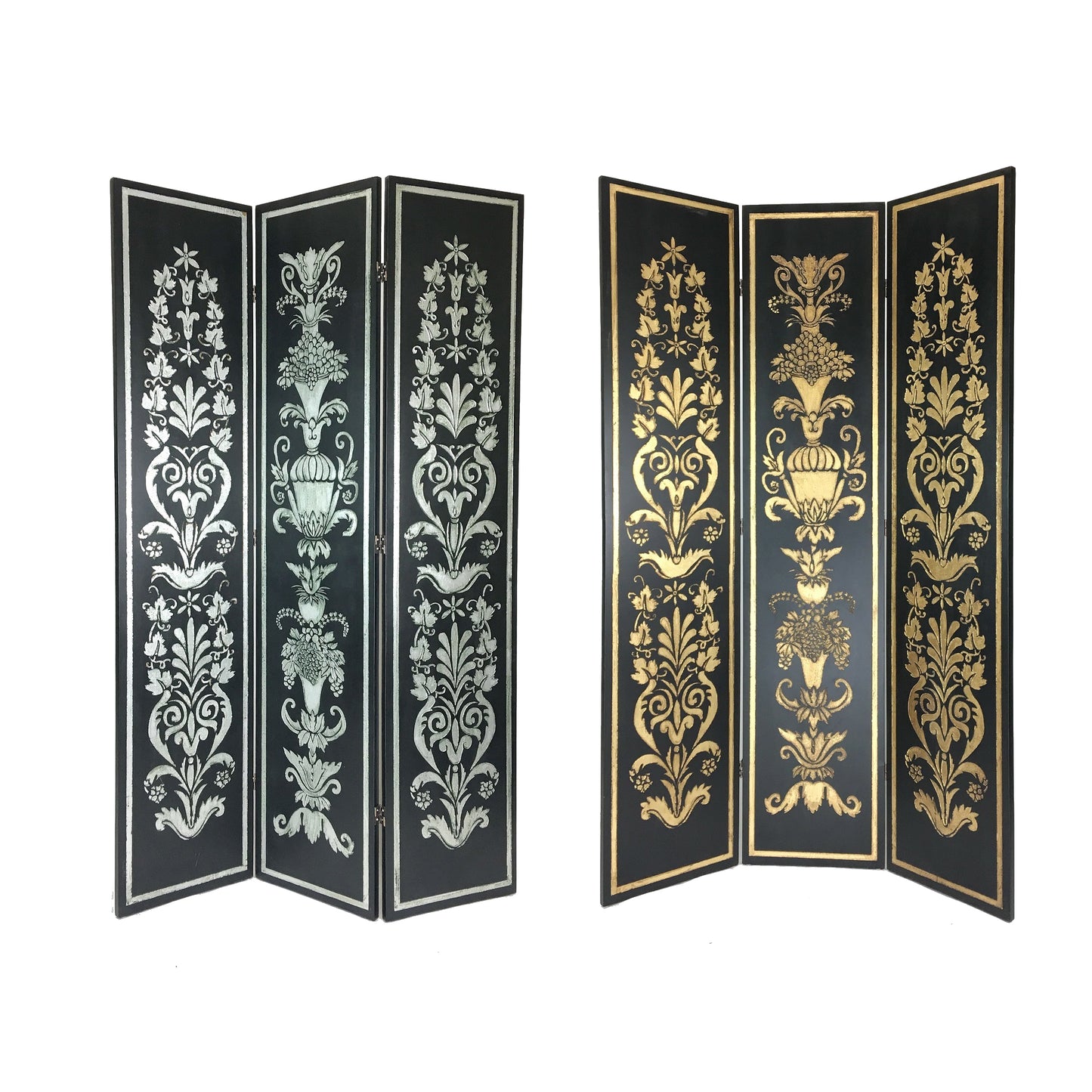 Wooden Double Sided 3 Panel Room Divider with Motifs, Multicolor
