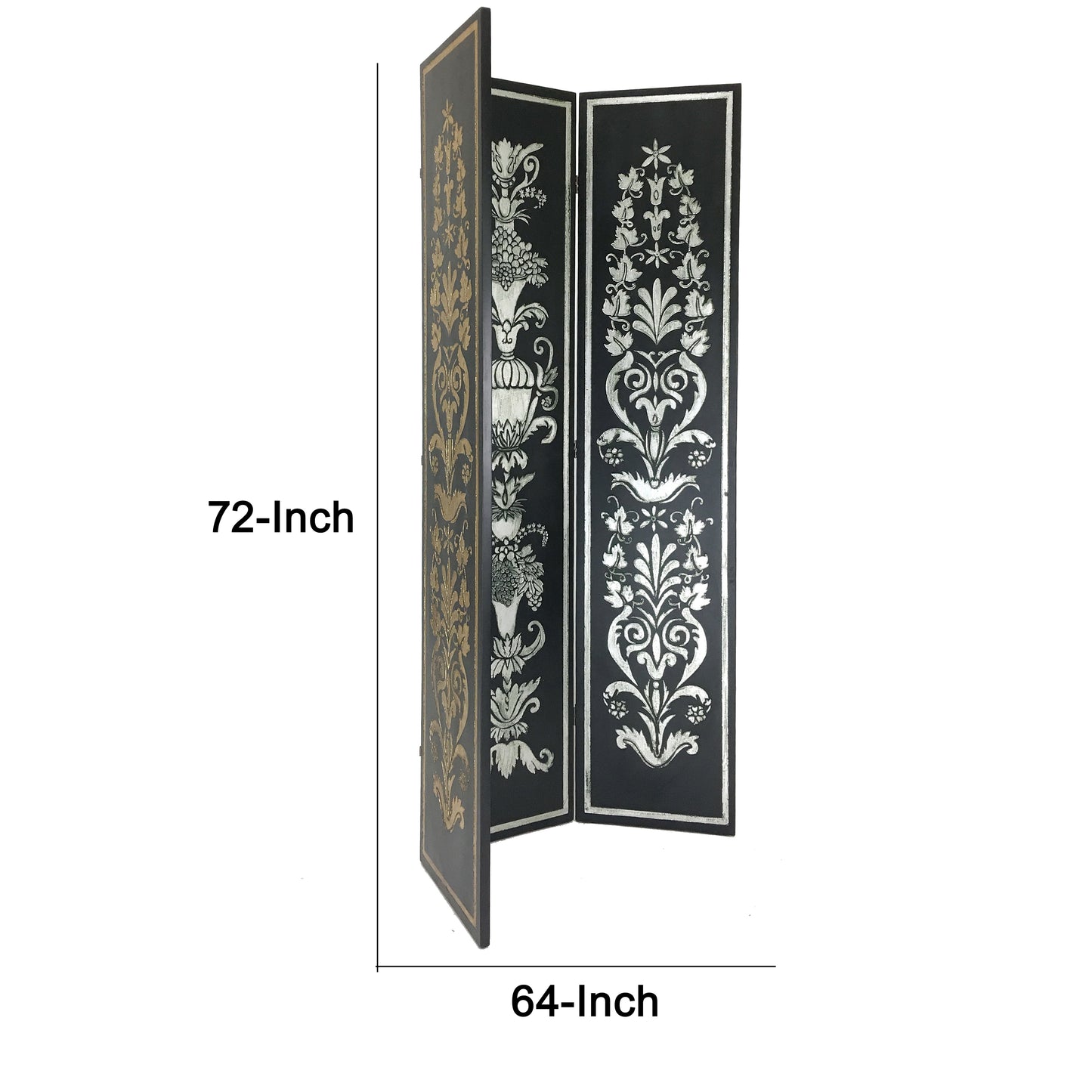 Wooden Double Sided 3 Panel Room Divider with Motifs, Multicolor