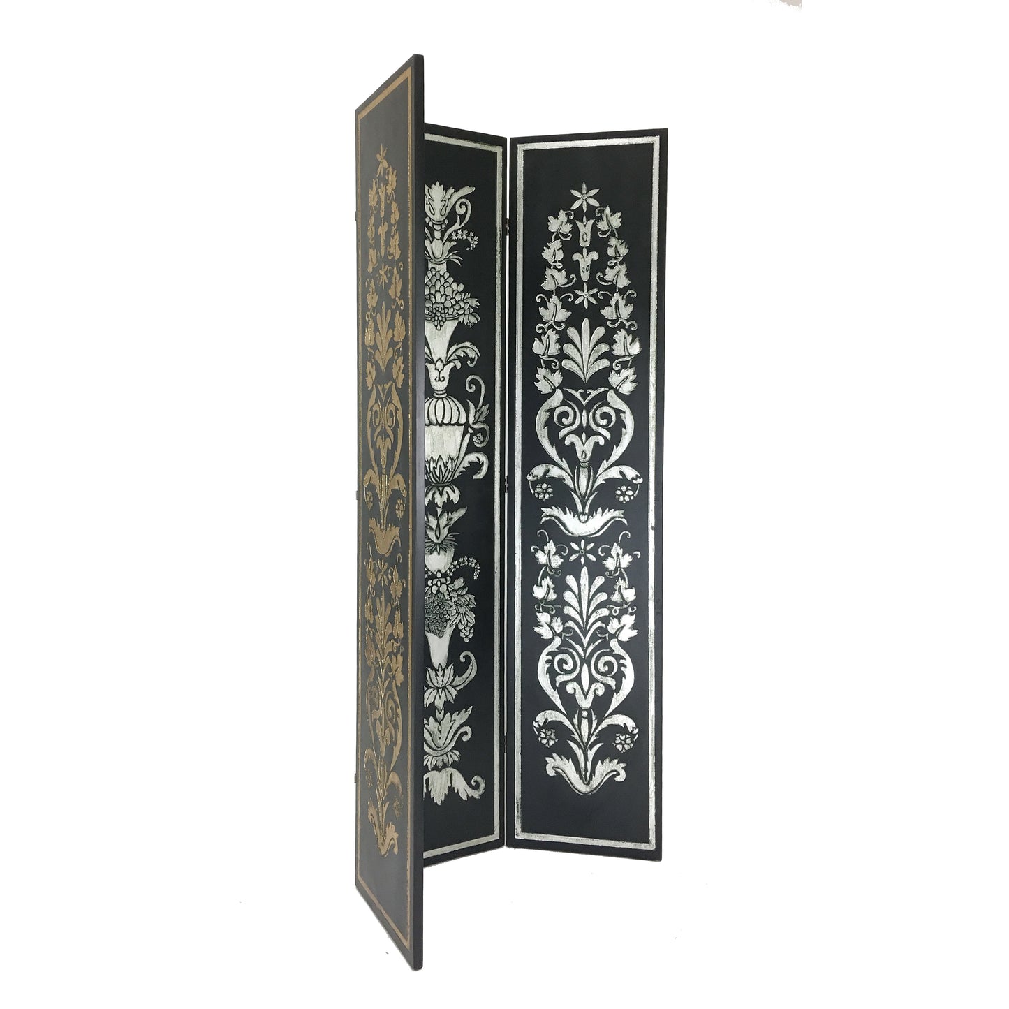 Wooden Double Sided 3 Panel Room Divider with Motifs, Multicolor