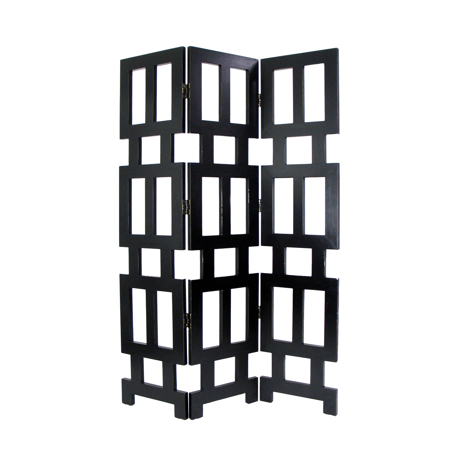 Wooden 3 Panel Room Divider with Rectangular Cut Outs, Black
