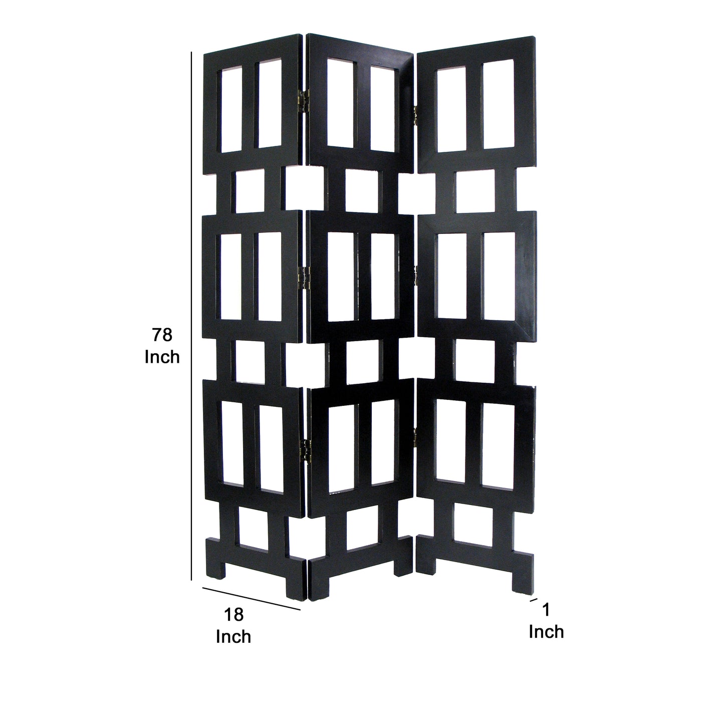 Wooden 3 Panel Room Divider with Rectangular Cut Outs, Black