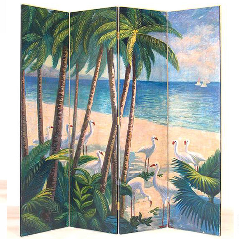 Wooden 4 Panel Room Divider with Beach Print, Multicolor