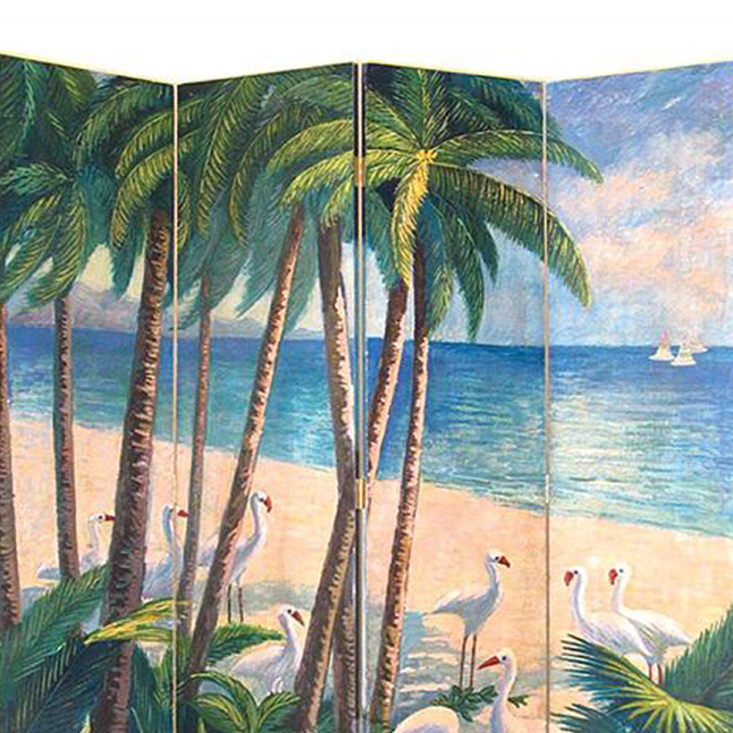 Wooden 4 Panel Room Divider with Beach Print, Multicolor