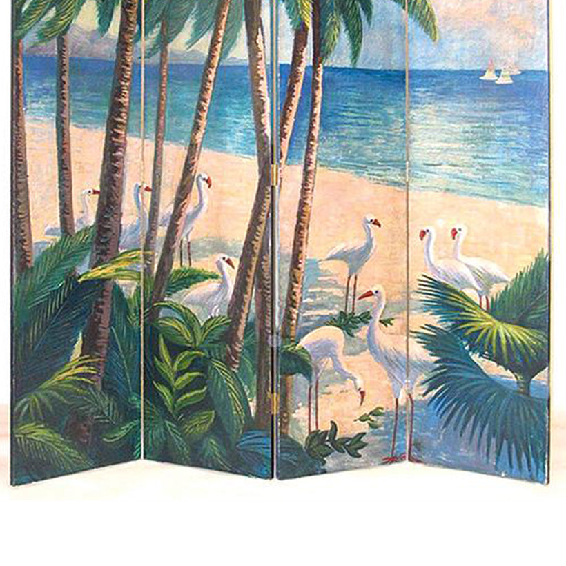 Wooden 4 Panel Room Divider with Beach Print, Multicolor