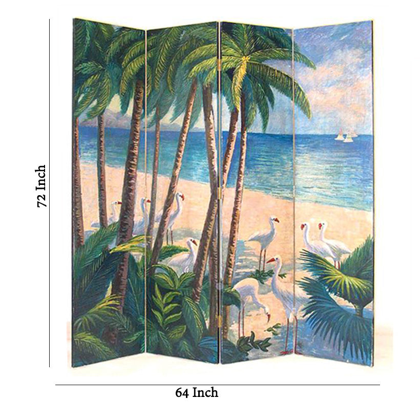 Wooden 4 Panel Room Divider with Beach Print, Multicolor