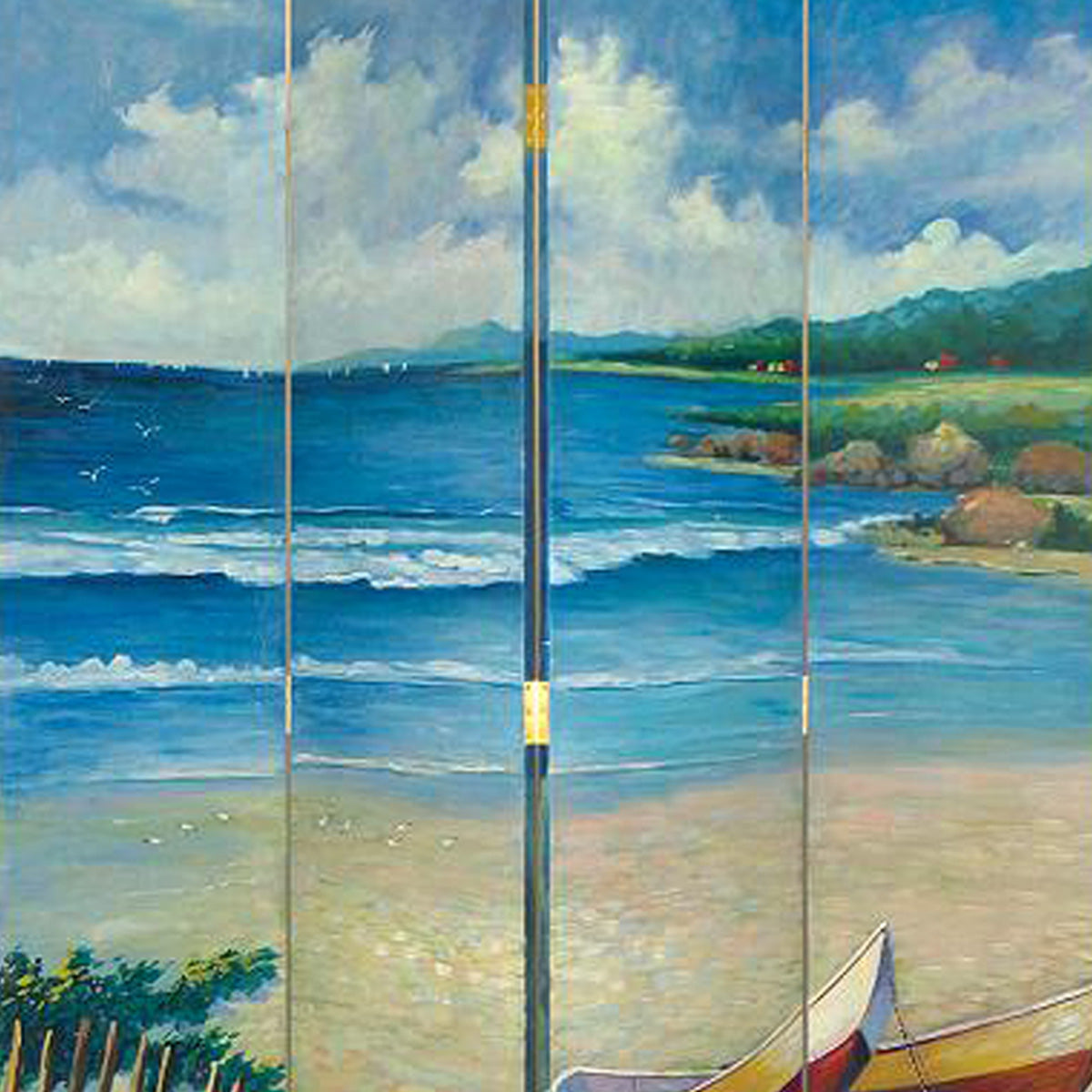 Wooden 4 Panel Room Divider with Coastal Print, Multicolor