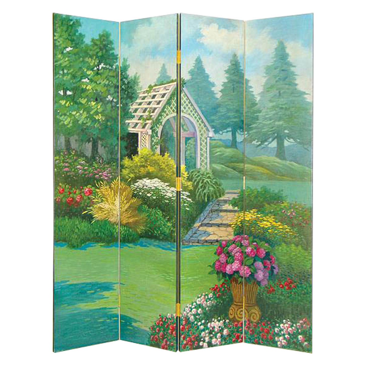 Wooden 4 Panel Room Divider with Gazebo, Multicolor