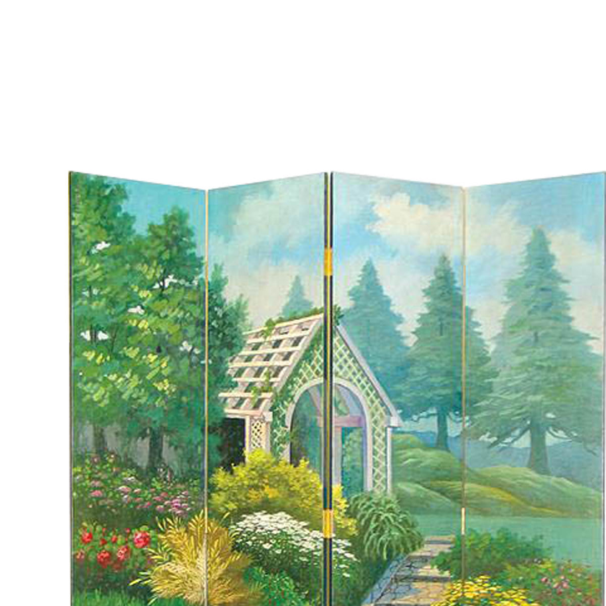 Wooden 4 Panel Room Divider with Gazebo, Multicolor