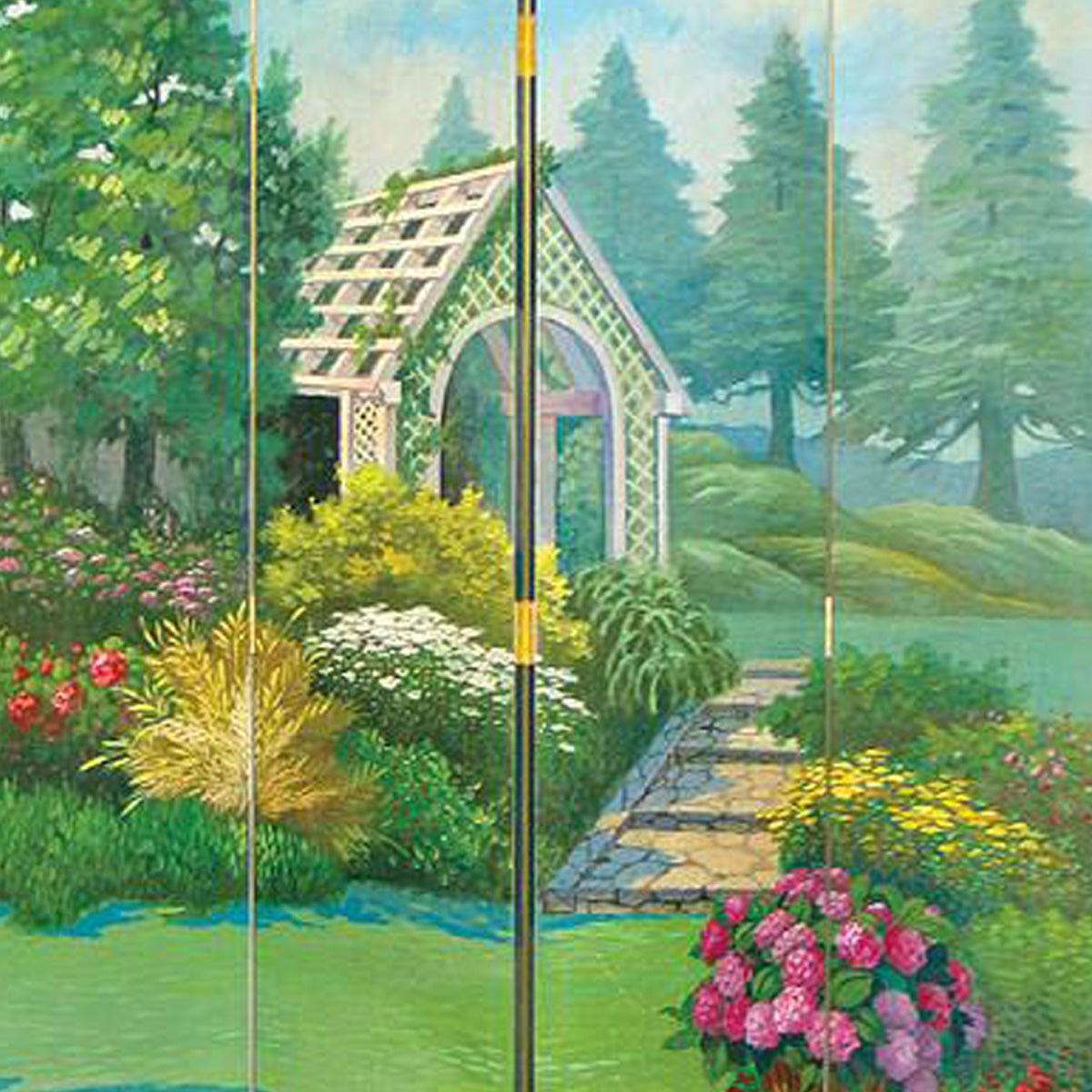 Wooden 4 Panel Room Divider with Gazebo, Multicolor