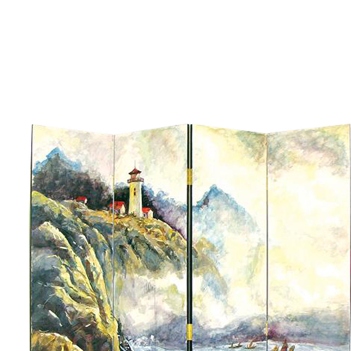 Wooden 4 Panel Room Divider with Landscape Scene, Multicolor