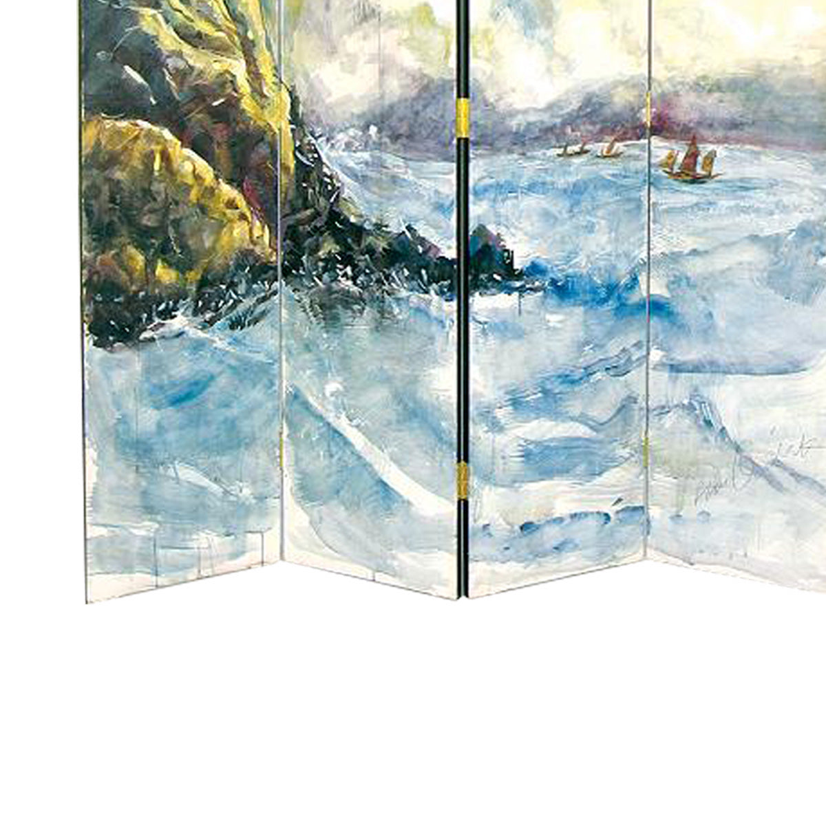Wooden 4 Panel Room Divider with Landscape Scene, Multicolor