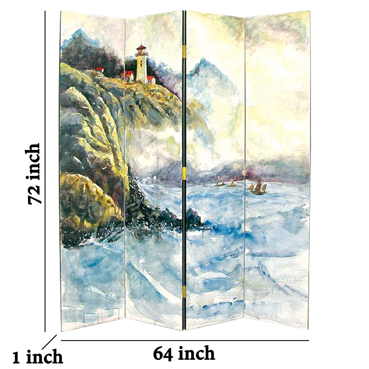 Wooden 4 Panel Room Divider with Landscape Scene, Multicolor