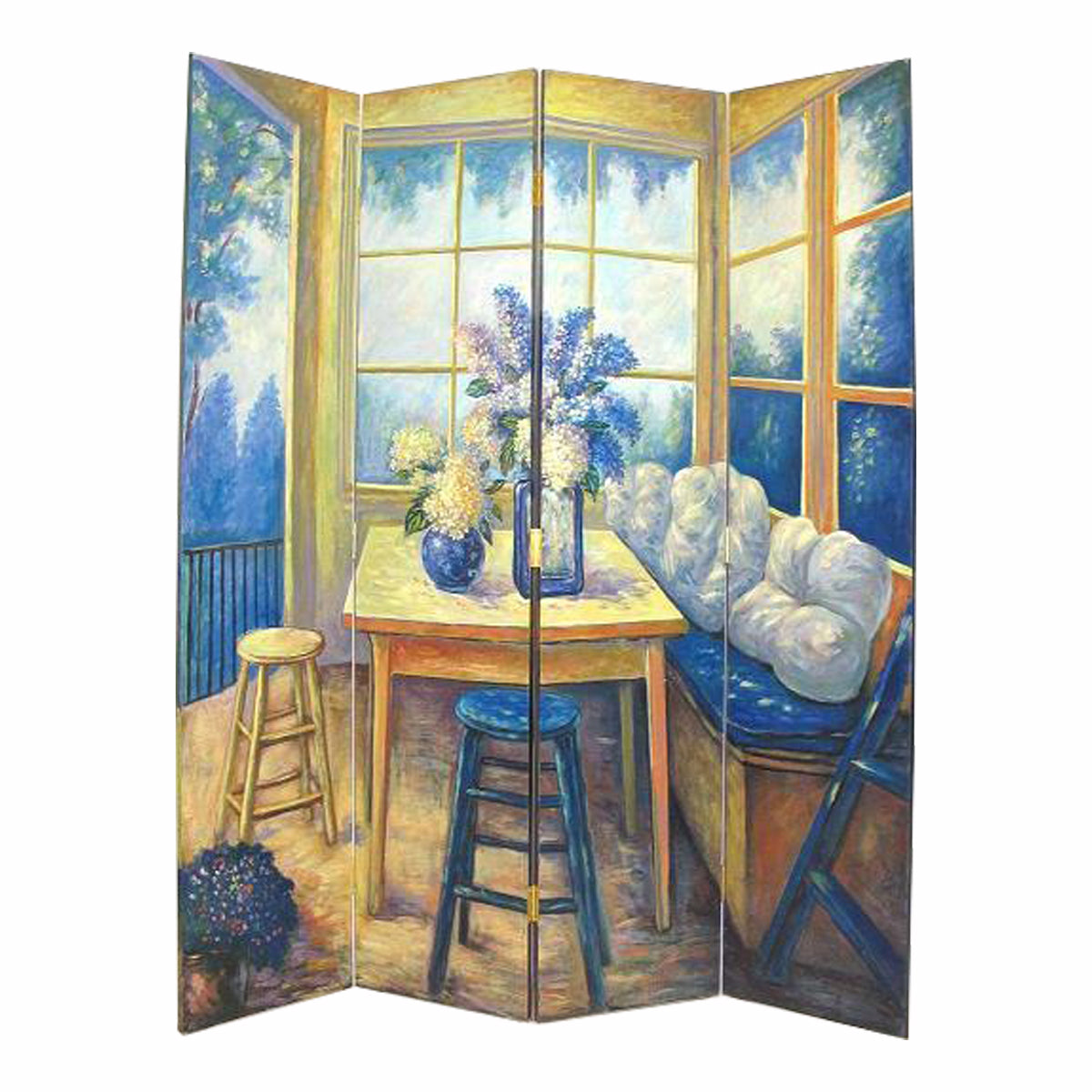 Wooden 4 Panel Room Divider with Den Interior Scene, Multicolor