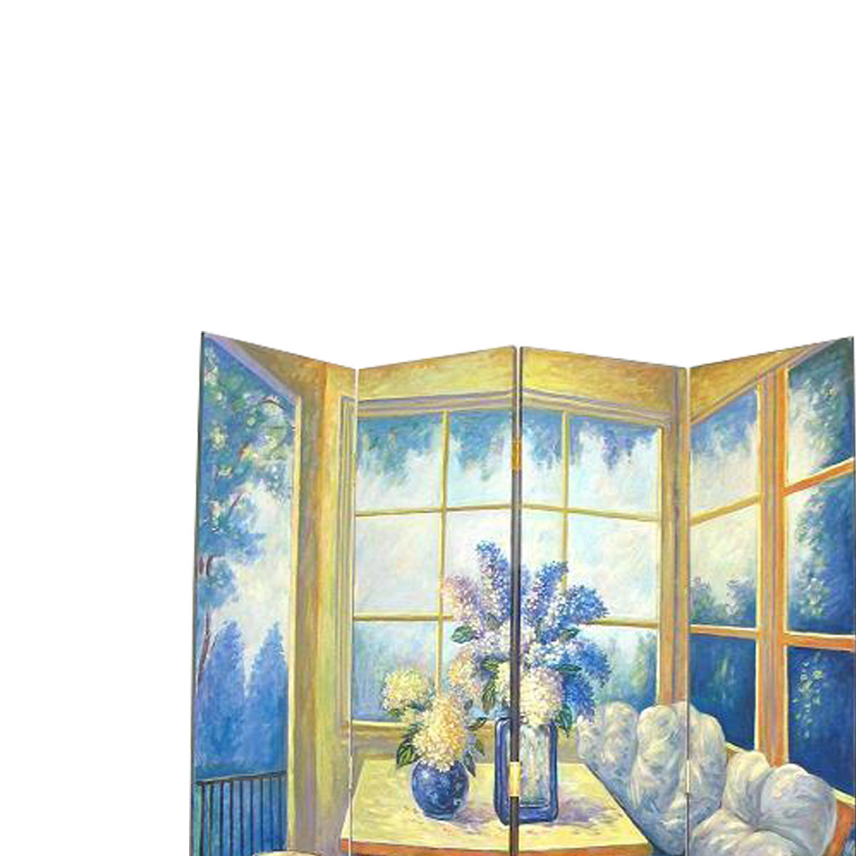 Wooden 4 Panel Room Divider with Den Interior Scene, Multicolor
