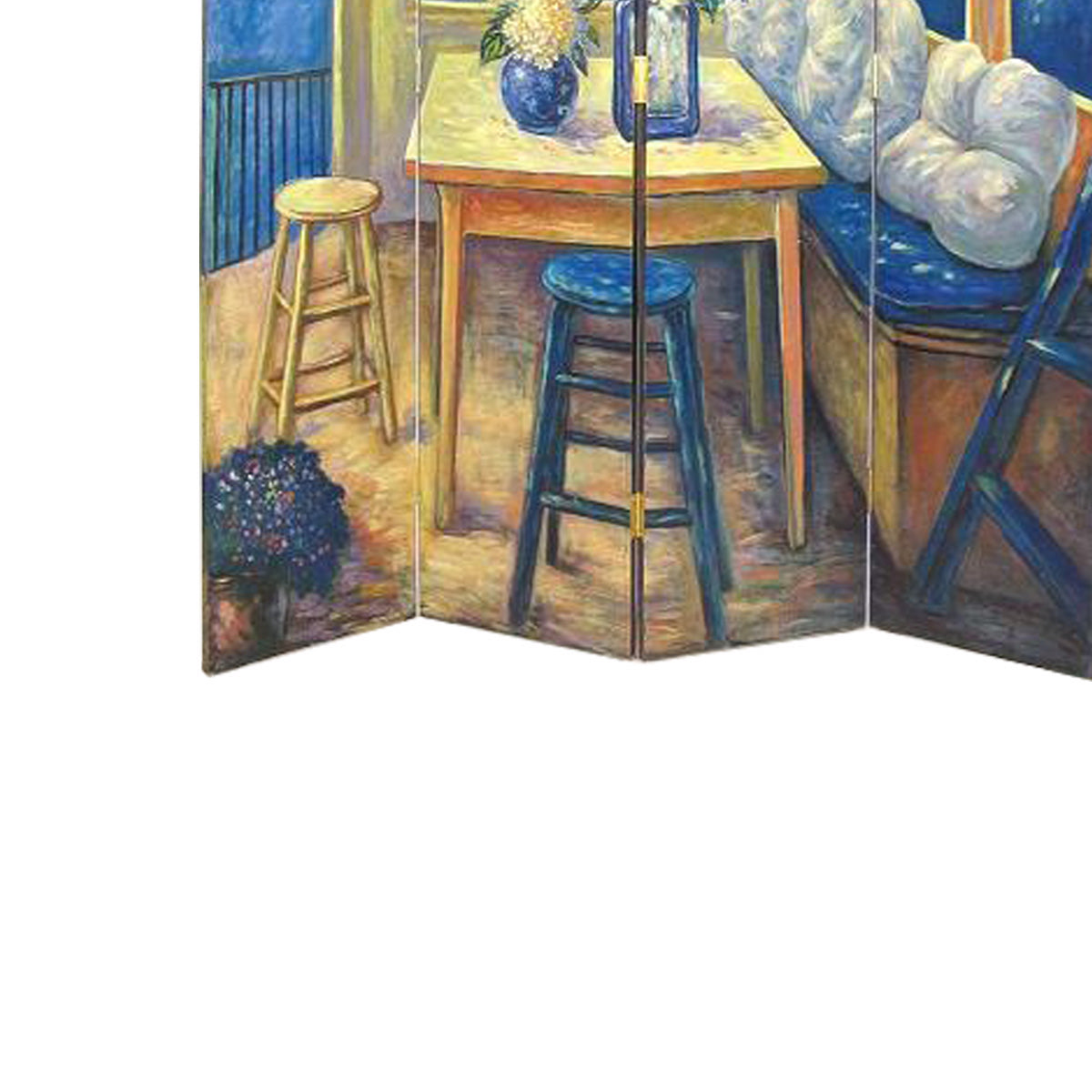 Wooden 4 Panel Room Divider with Den Interior Scene, Multicolor