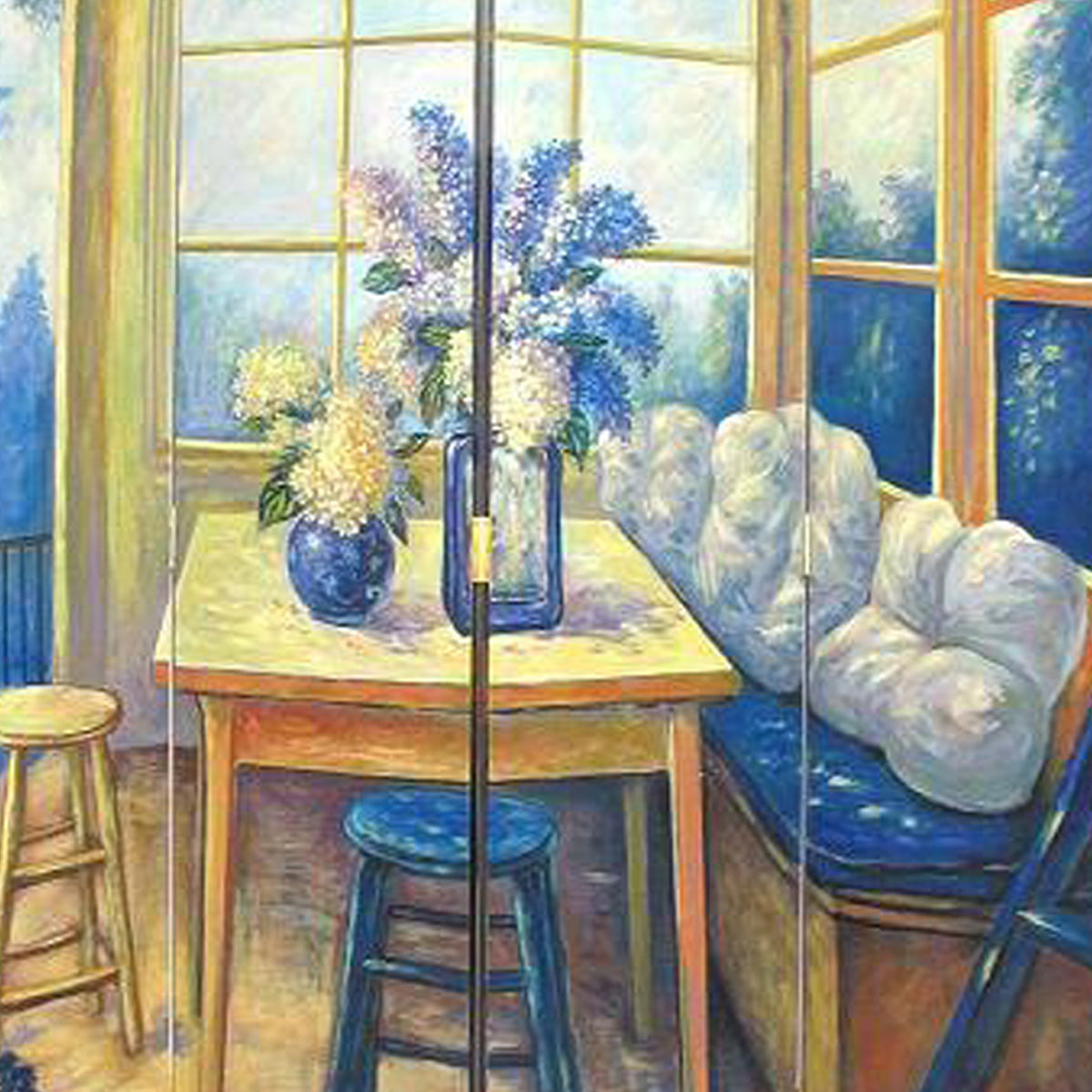 Wooden 4 Panel Room Divider with Den Interior Scene, Multicolor