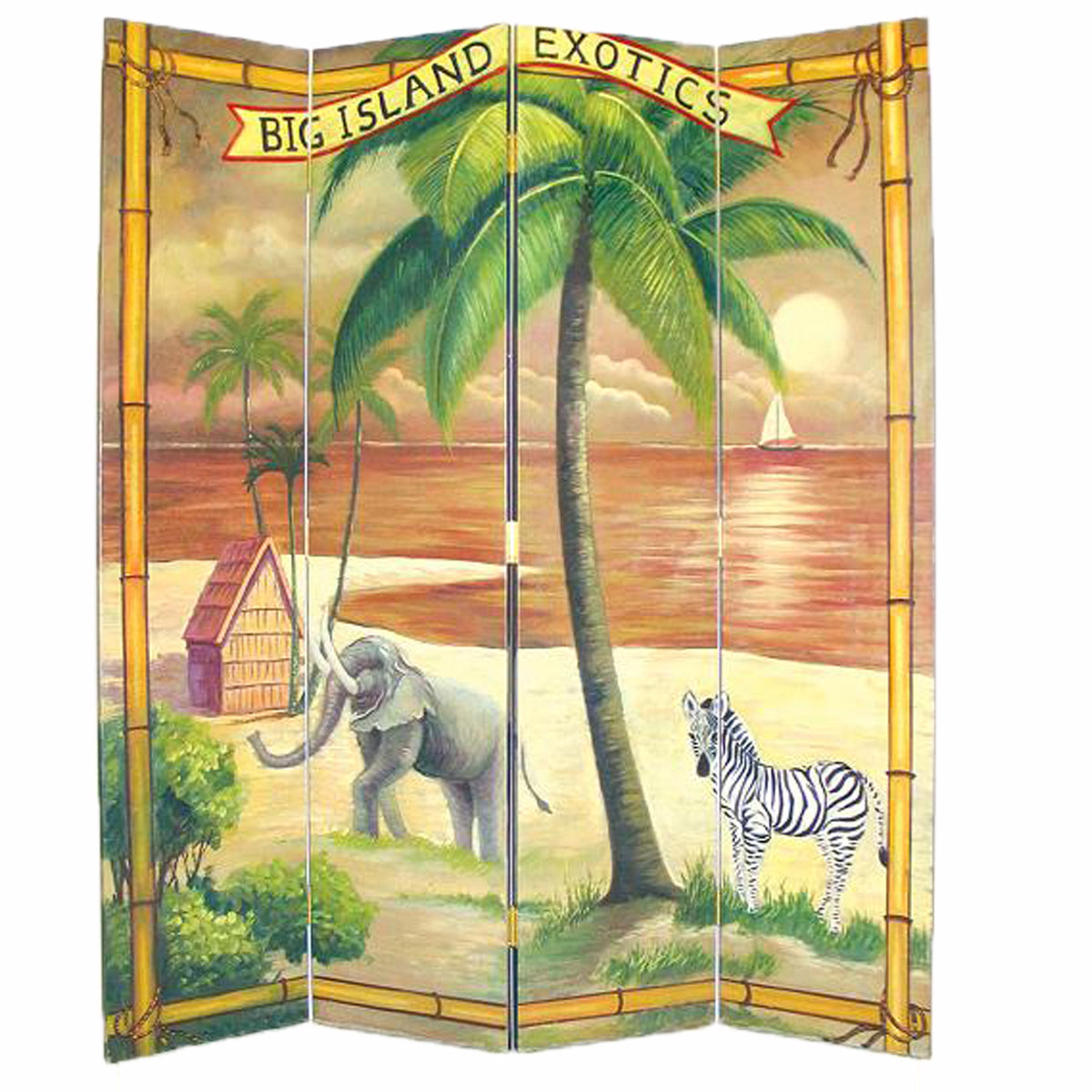 Wooden 4 Panel Room Divider with Ocean and Beach Scene, Multicolor