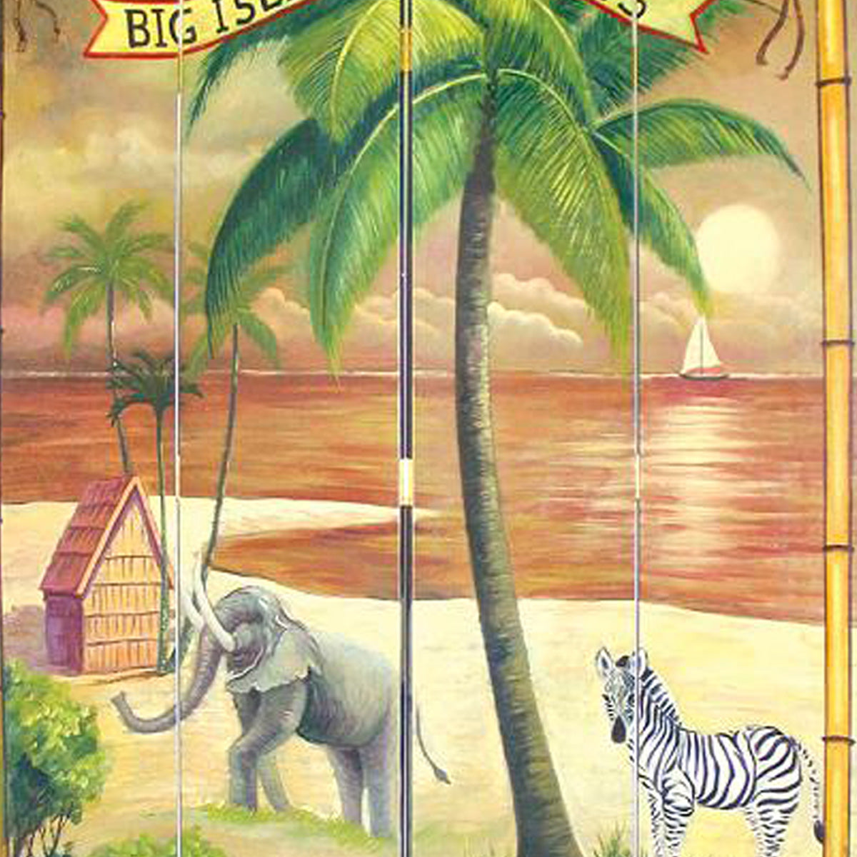 Wooden 4 Panel Room Divider with Ocean and Beach Scene, Multicolor