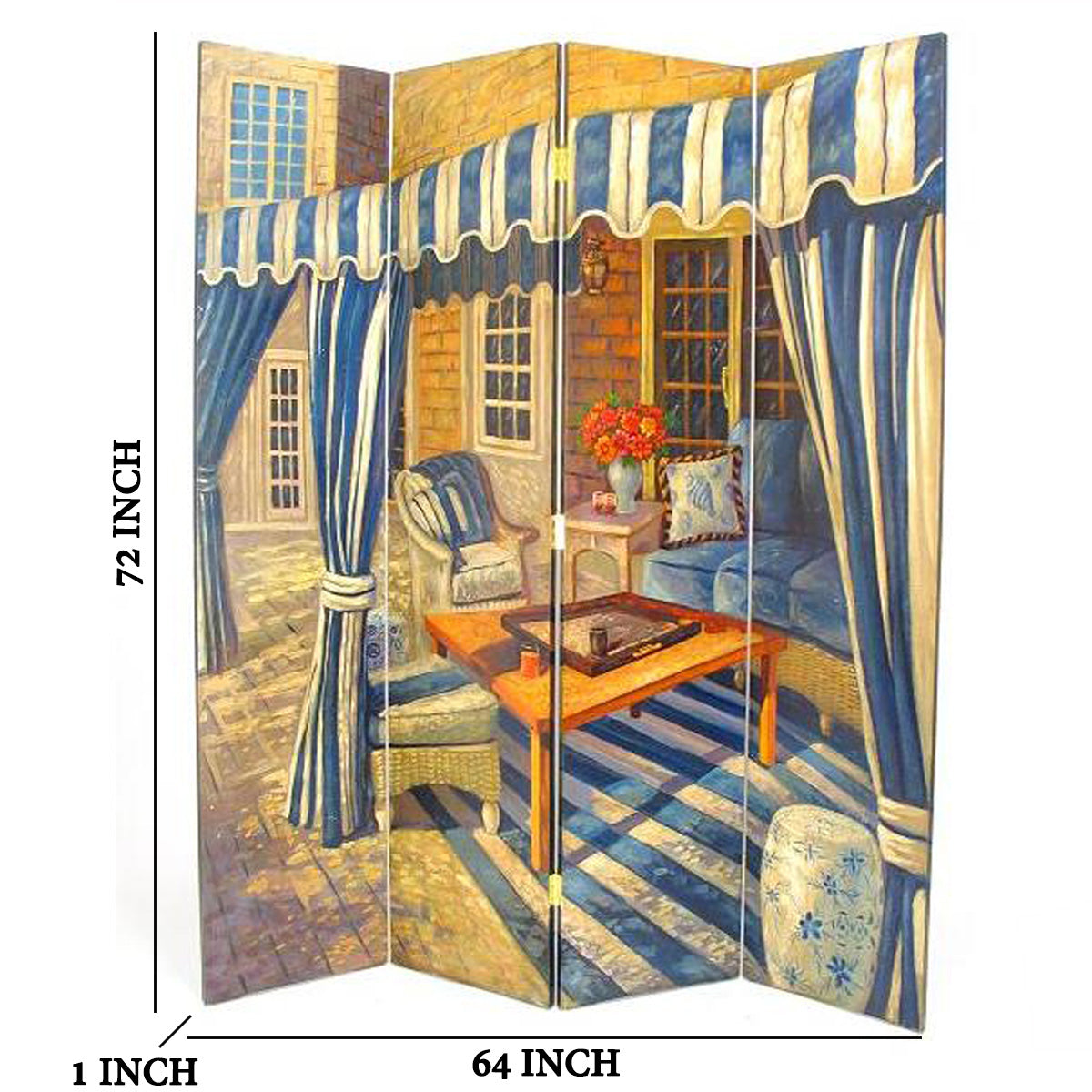 Wooden 4 Panel Room Divider with Outdoor Patio Scene, Multicolor