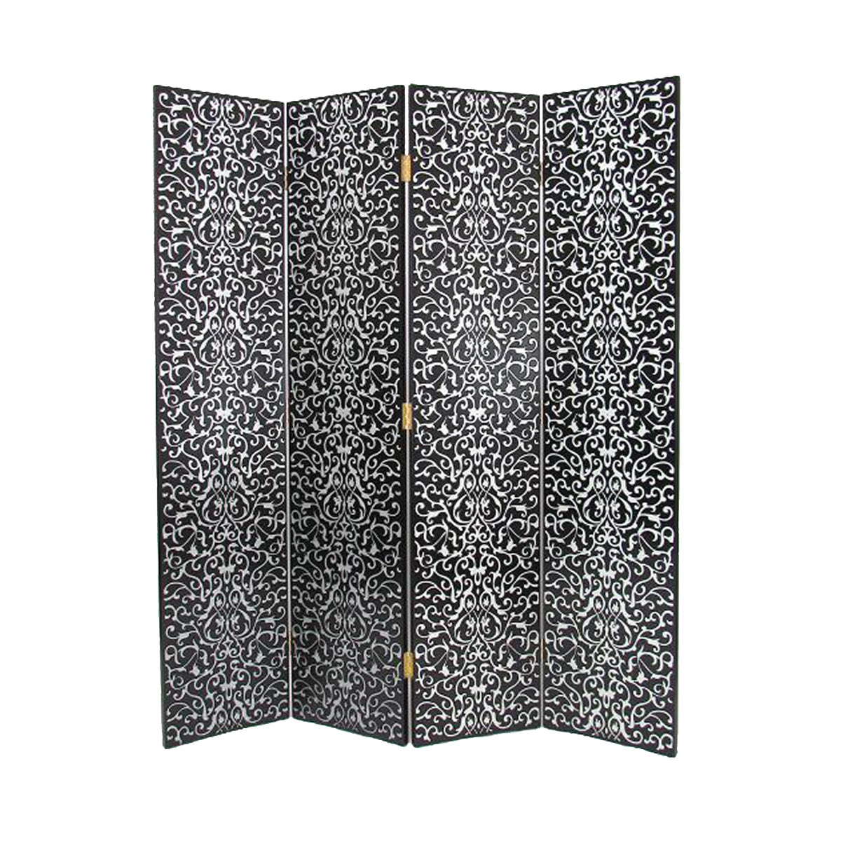 Wooden 4 Panel Room Divider with Scrolling Motifs, Black and Silver