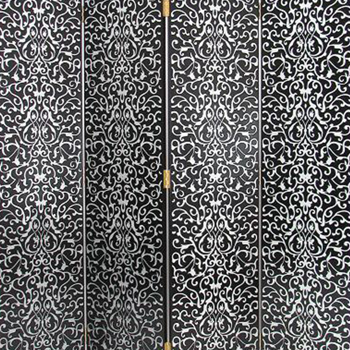Wooden 4 Panel Room Divider with Scrolling Motifs, Black and Silver