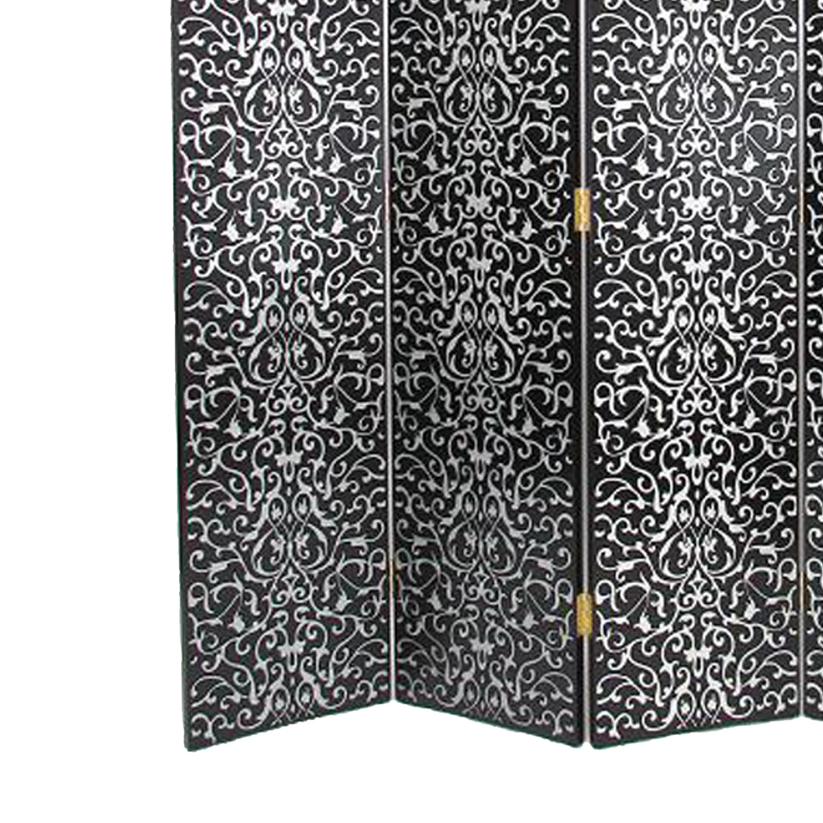 Wooden 4 Panel Room Divider with Scrolling Motifs, Black and Silver