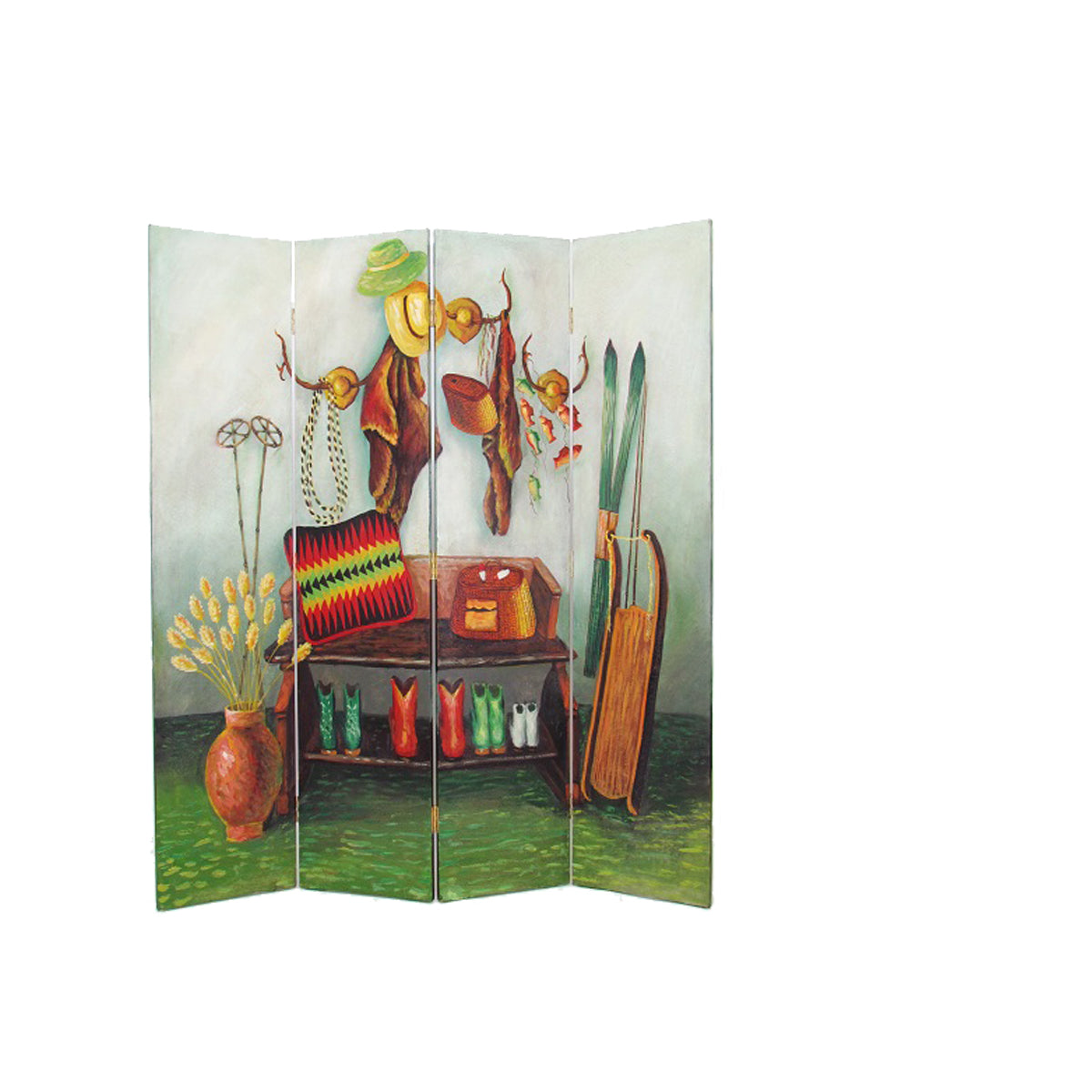 Wooden 4 Panel Room Divider with Cowboy Stuff Pictures, Multicolor
