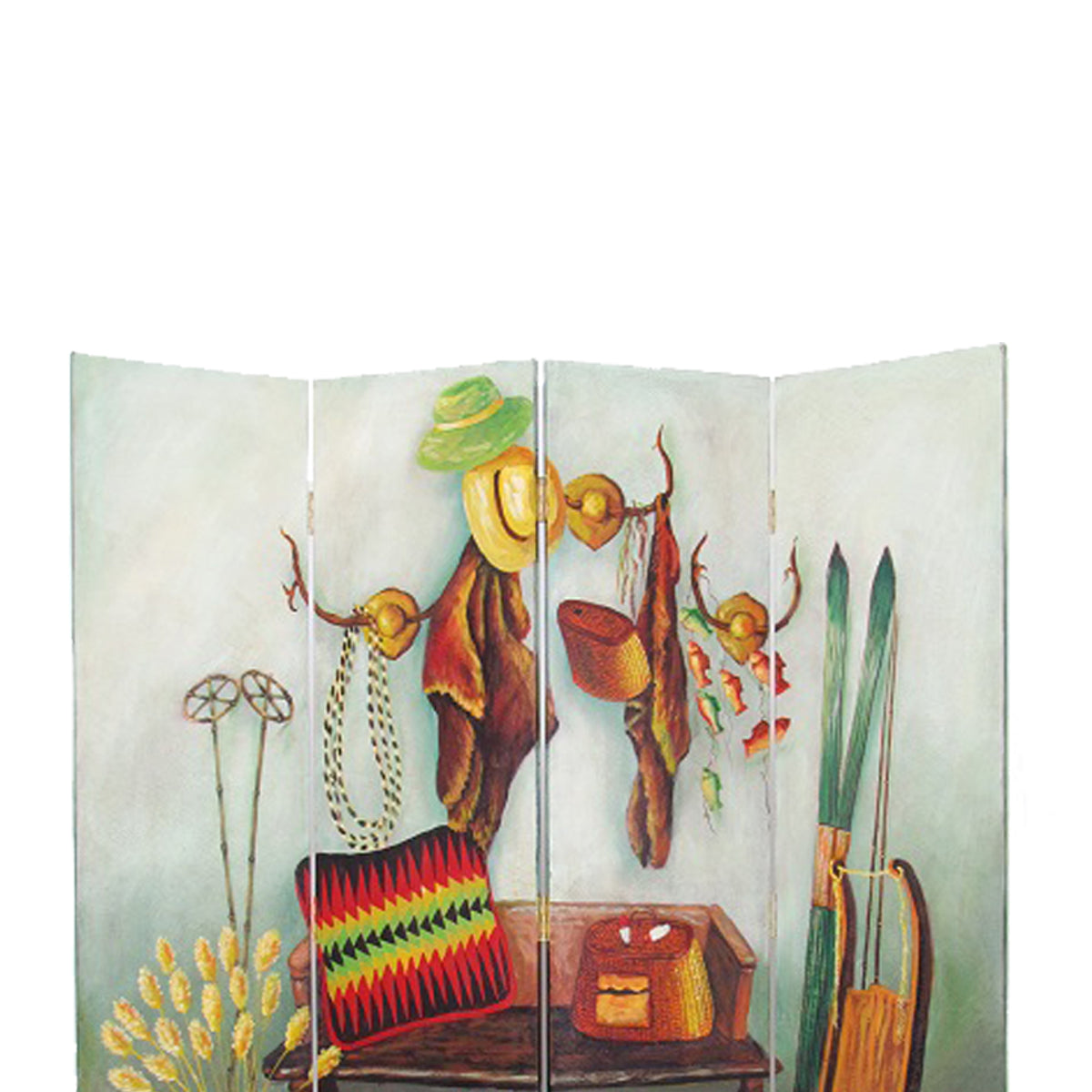 Wooden 4 Panel Room Divider with Cowboy Stuff Pictures, Multicolor