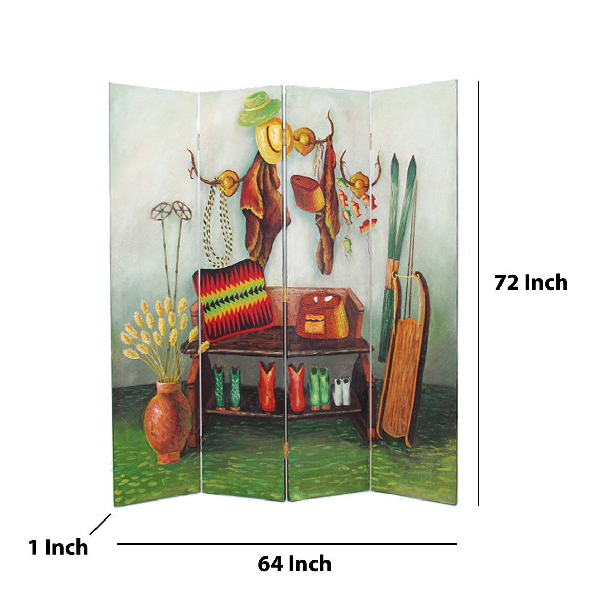 Wooden 4 Panel Room Divider with Cowboy Stuff Pictures, Multicolor