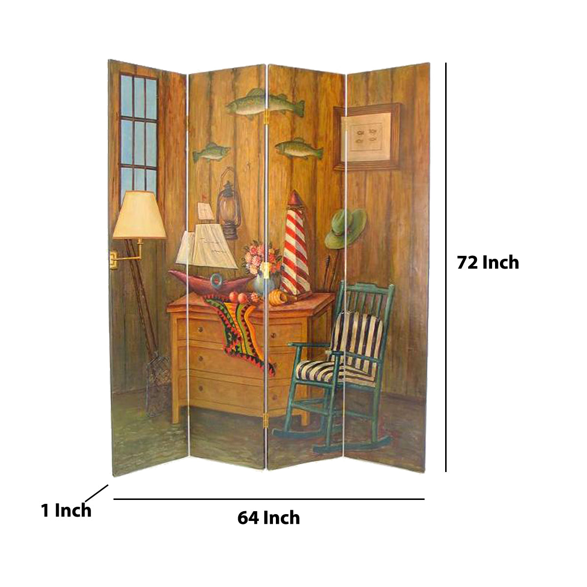 Wooden 4 Panel Room Divider with Sea and Marine Life Theme, Multicolor