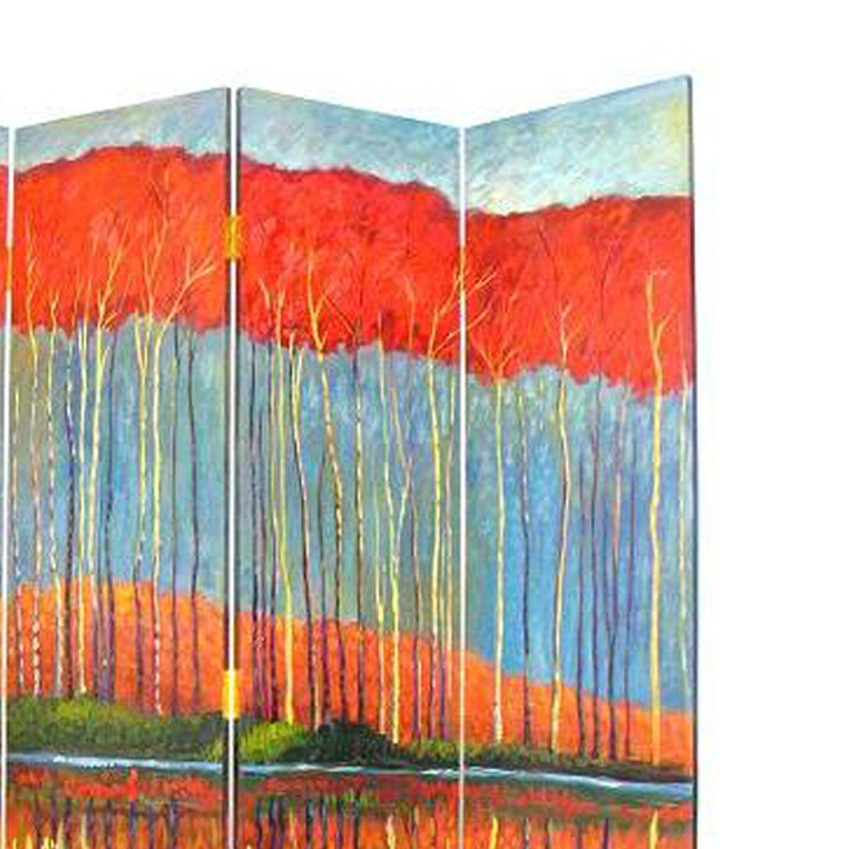 Wooden 4 Panel Room Divider with Forest Theme, Multicolor