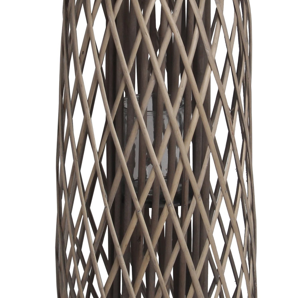 Lattice Design Bamboo Lantern With Glass Candle Holder Large Brown