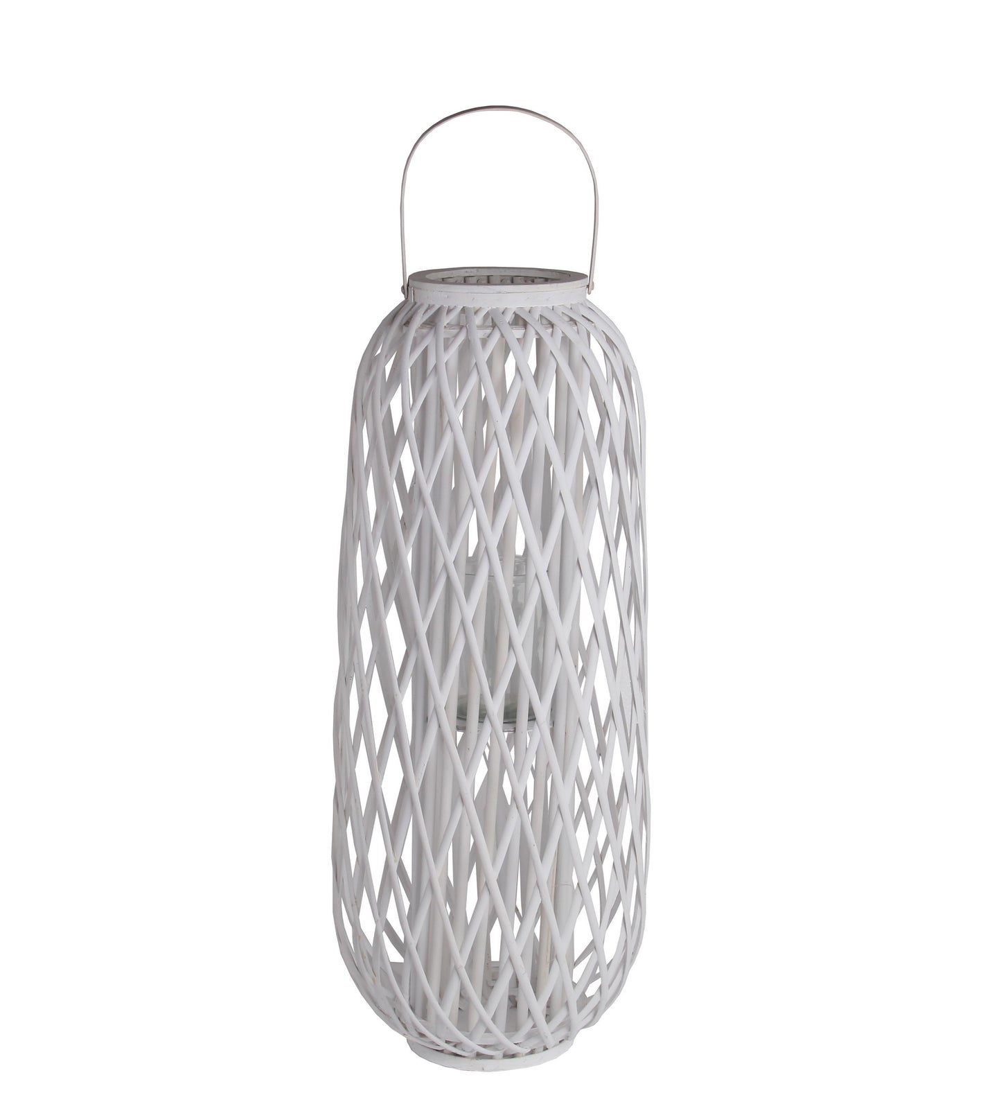Lattice Design Bamboo Lantern With Glass Candle Holder Large White