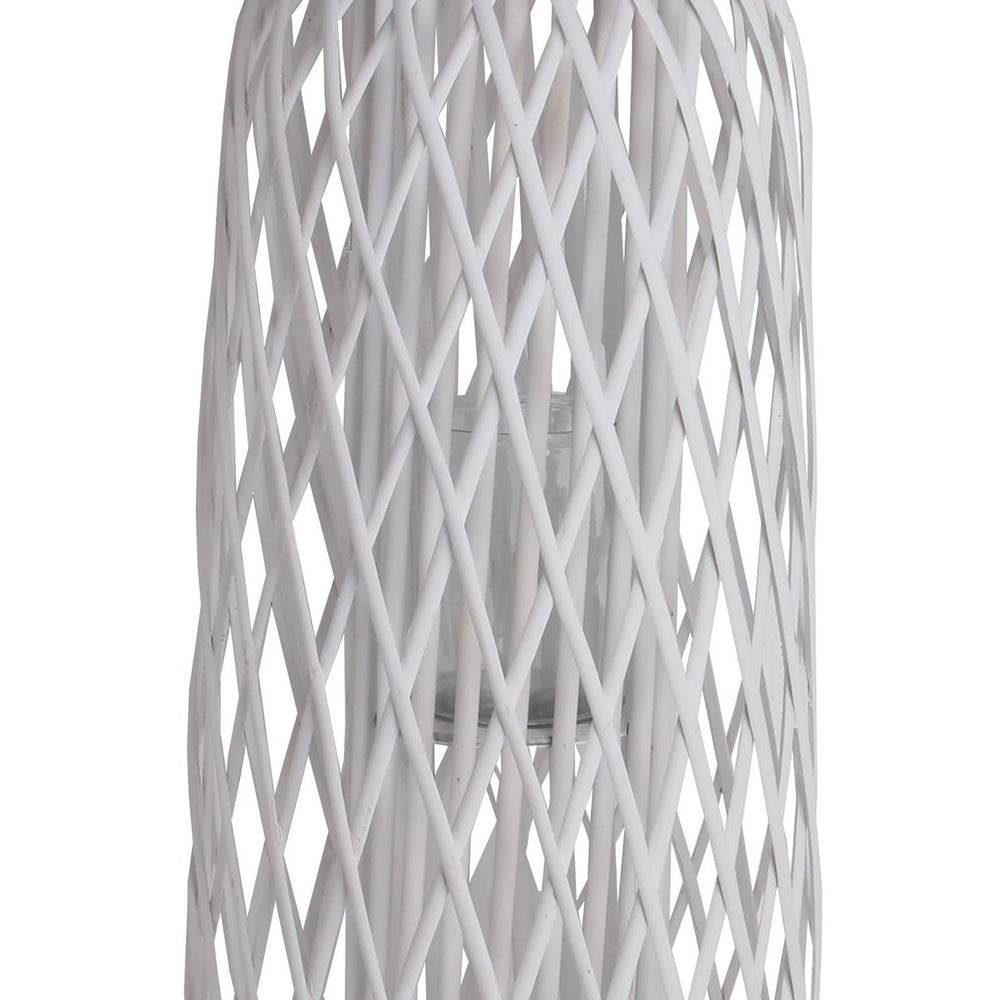 Lattice Design Bamboo Lantern With Glass Candle Holder Large White