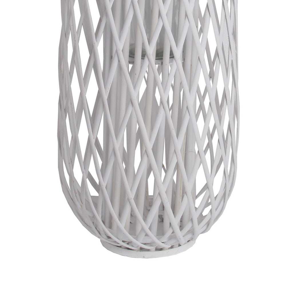 Lattice Design Bamboo Lantern With Glass Candle Holder Large White