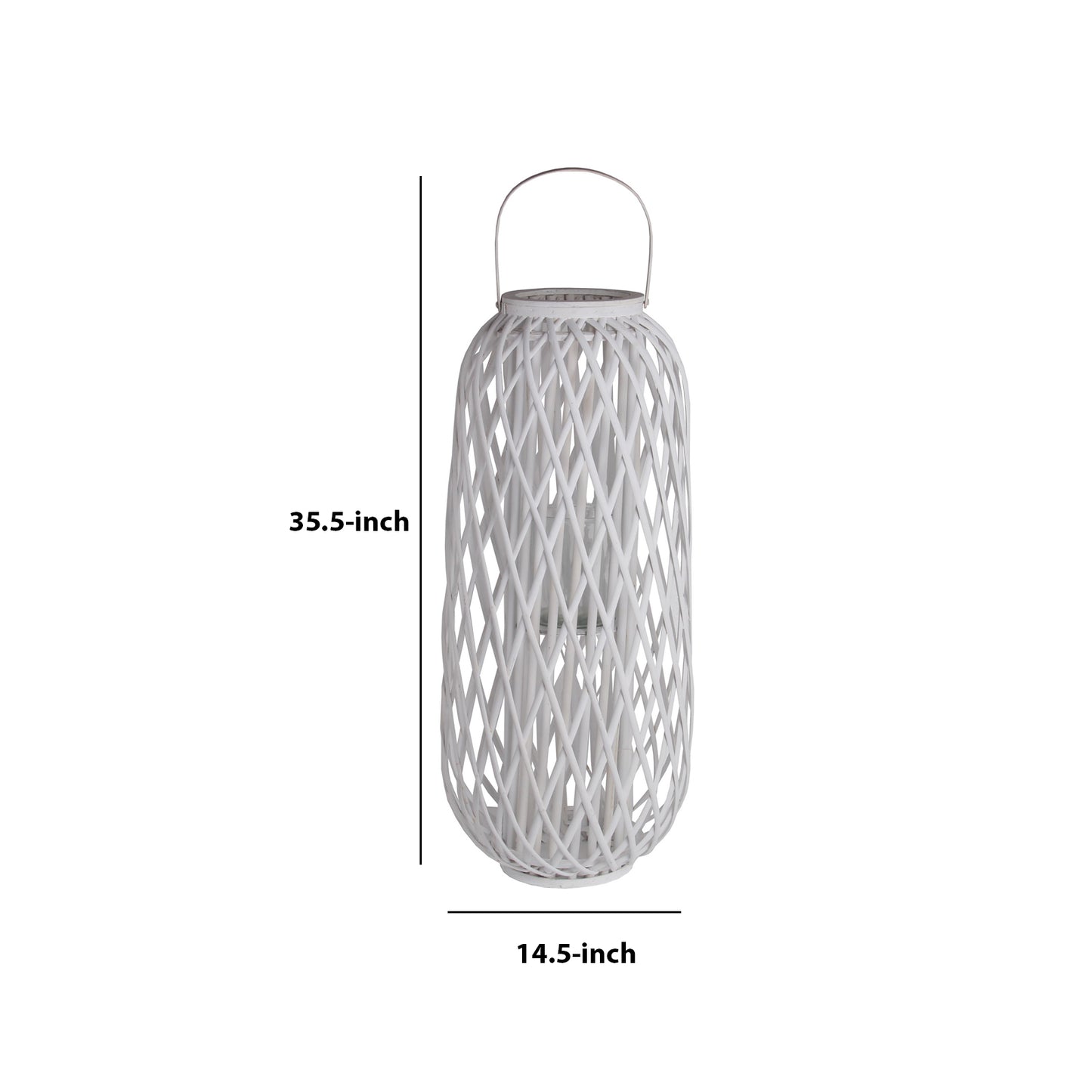 Lattice Design Bamboo Lantern With Glass Candle Holder Large White