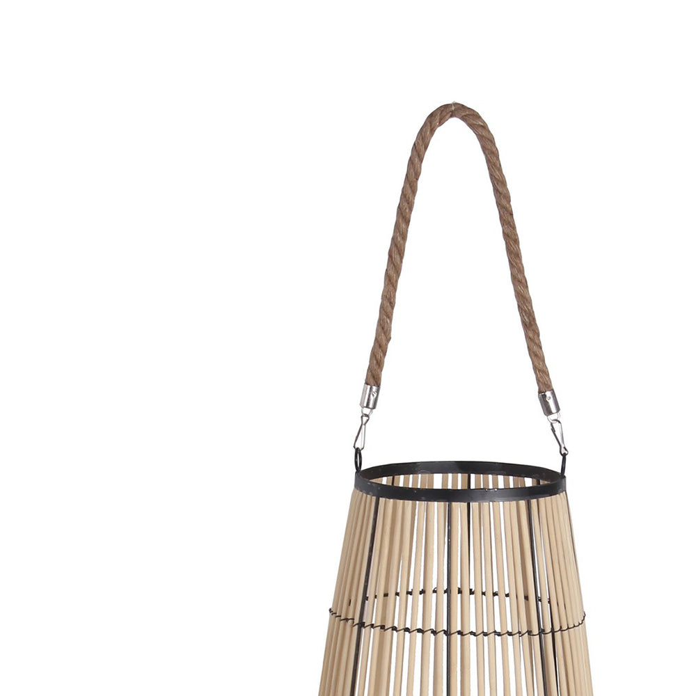 Bellied Shape Bamboo Lantern With Open Cage Design And Rope Handle Brown