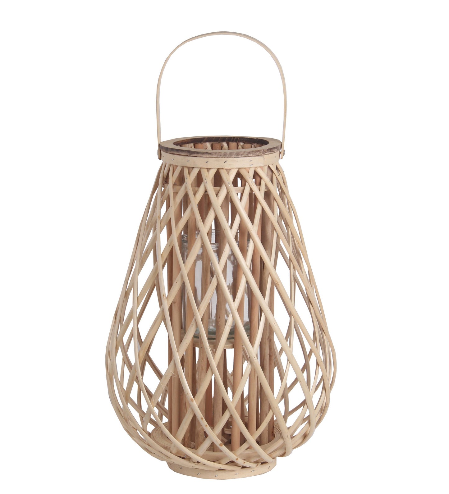 Bellied Bamboo Lantern With Lattice Design And Handle Large Brown