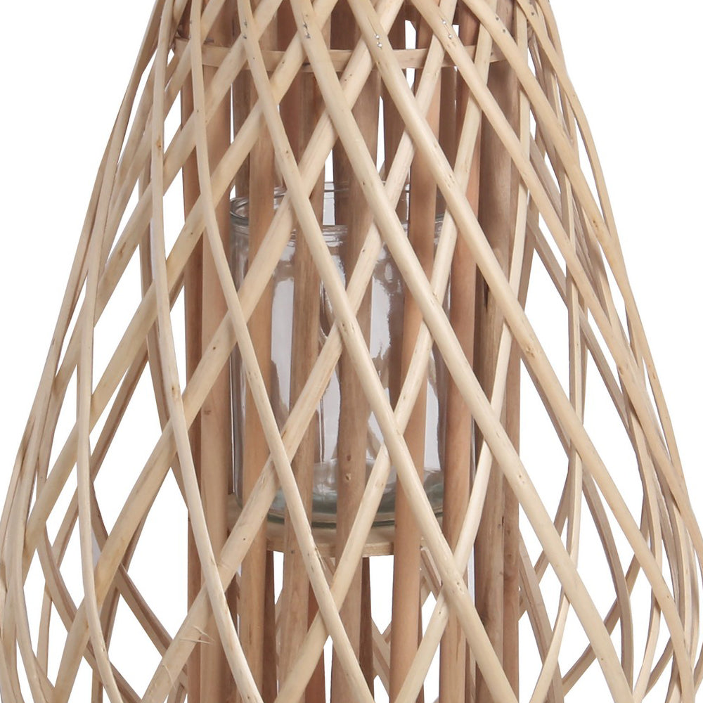 Bellied Bamboo Lantern With Lattice Design And Handle Large Brown