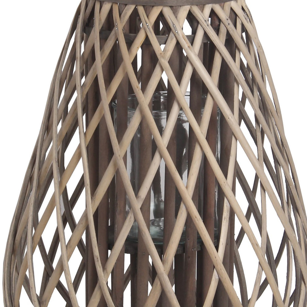 Bellied Bamboo Lantern With Lattice Design And Handle Large Gray