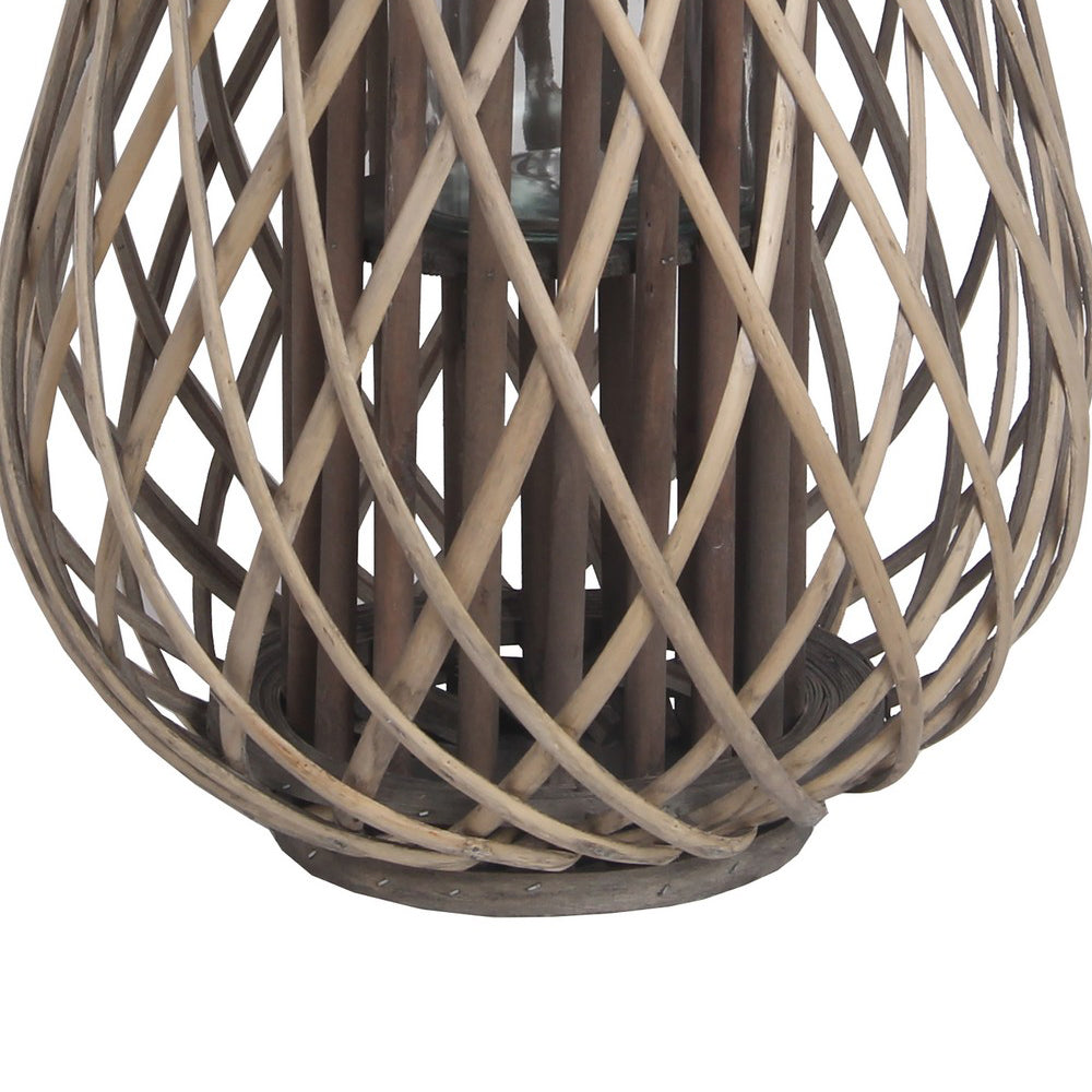 Bellied Bamboo Lantern With Lattice Design And Handle Large Gray