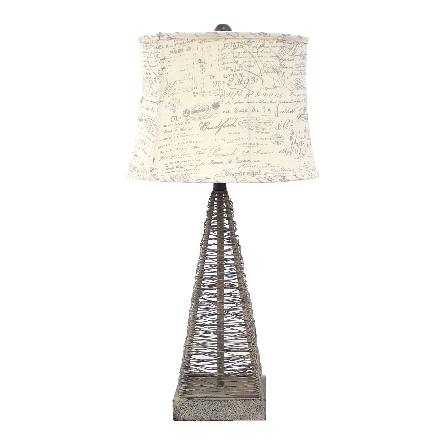 Metal Pyramid Base Table Lamp with Wire Design and Scripted Shade Gray