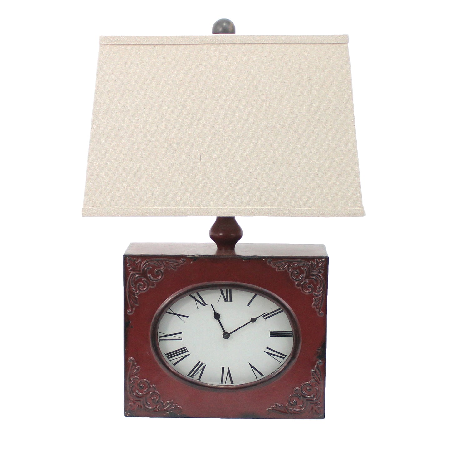 Clock Design Metal Table Lamp With Tapered Shade Red And Beige