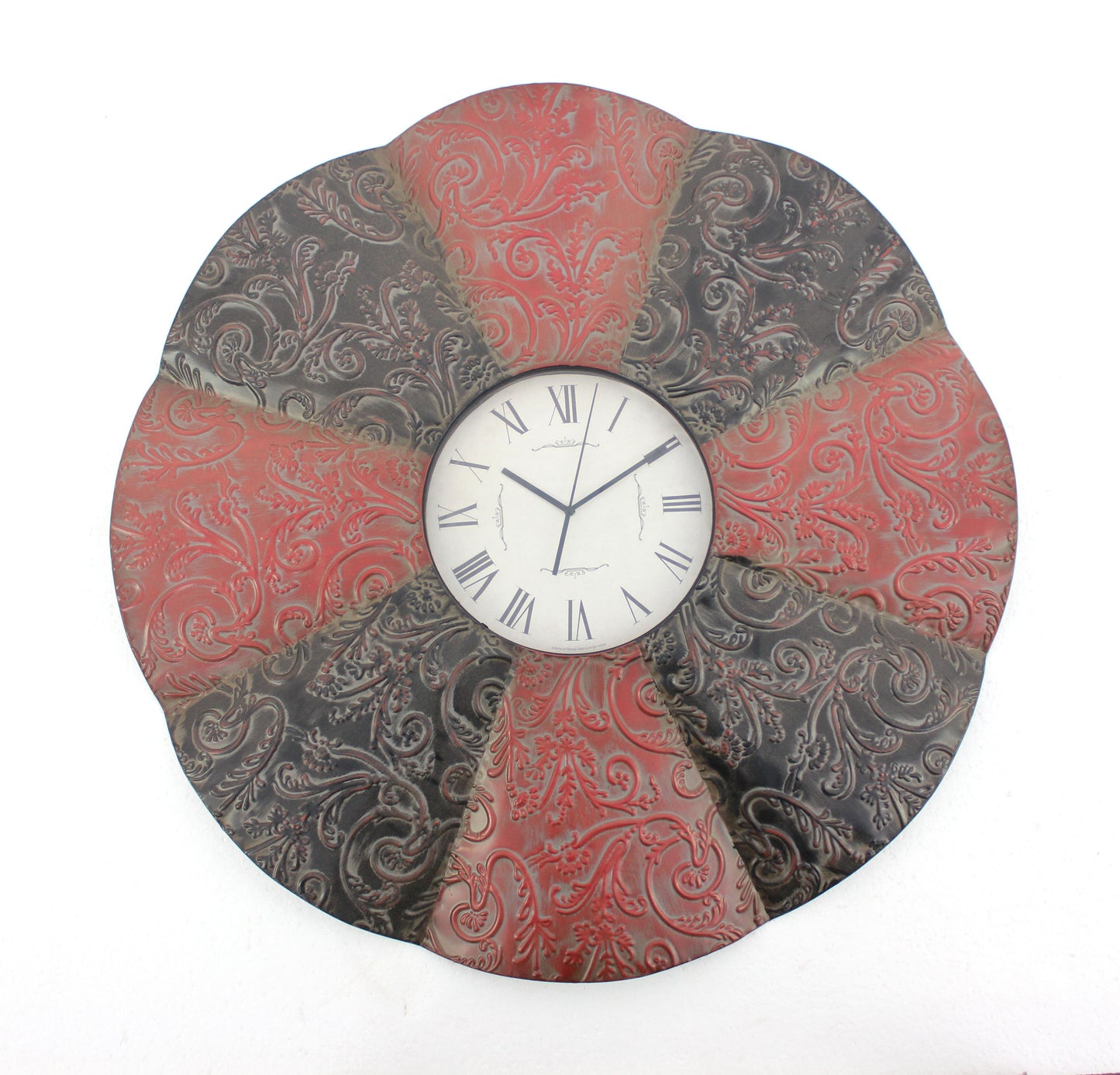 Blooming Flower Design Metal Wall Clock With Scroll Motifs Red And Black