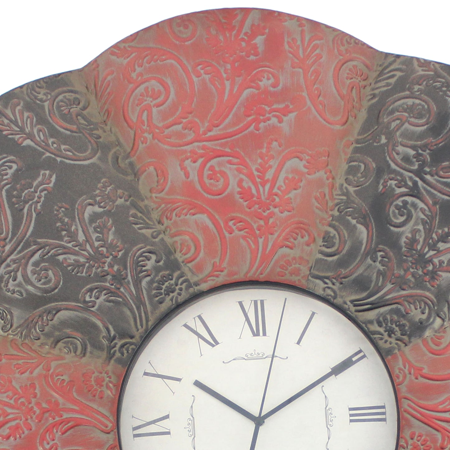 Blooming Flower Design Metal Wall Clock With Scroll Motifs Red And Black